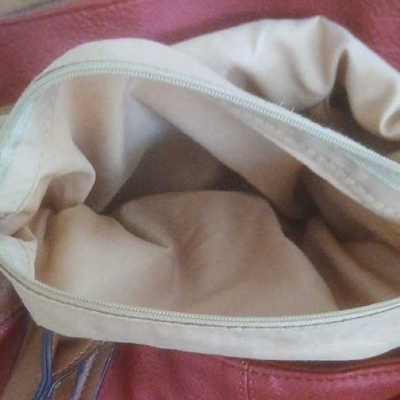 Michael Kors Red and Tan Shoulder Bag with Metallic Accents Double Handles - Picture 8 of 12